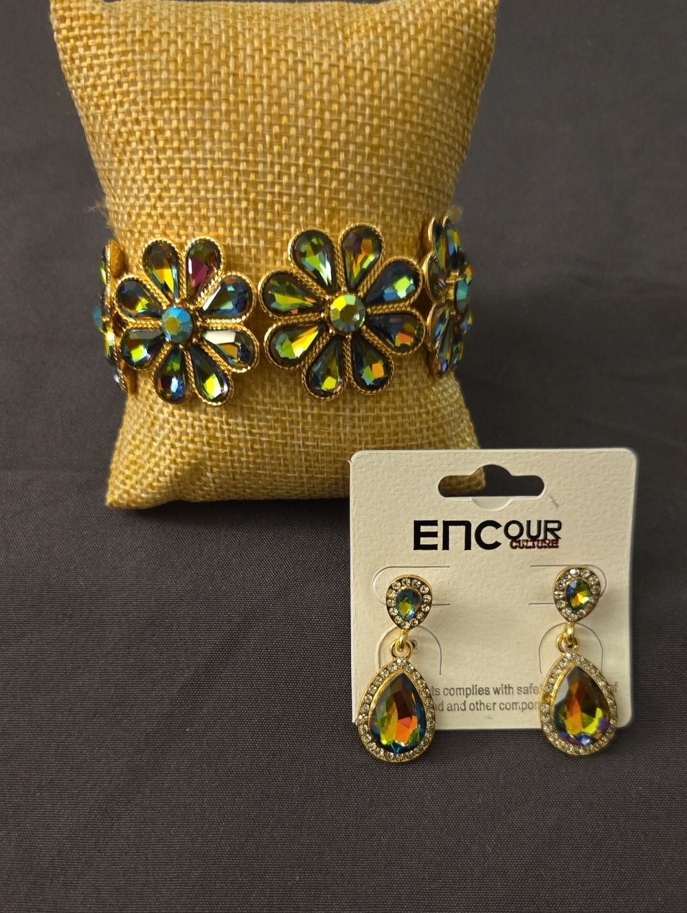 Encour Gold-Tone Aurora Crystal Flower Bracelet and Teardrop Earrings Set